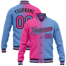 Laden Sie das Bild in den Galerie-Viewer, Custom Light Blue Pink-Black Bomber Full-Snap Varsity Letterman Gradient Fashion Jacket
