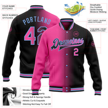 Laden Sie das Bild in den Galerie-Viewer, Custom Black Pink-Light Blue Bomber Full-Snap Varsity Letterman Gradient Fashion Jacket
