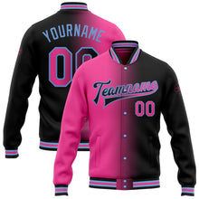 Laden Sie das Bild in den Galerie-Viewer, Custom Black Pink-Light Blue Bomber Full-Snap Varsity Letterman Gradient Fashion Jacket
