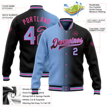 Load image into Gallery viewer, Custom Black Light Blue-Pink Bomber Full-Snap Varsity Letterman Gradient Fashion Jacket

