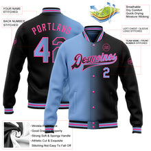 Laden Sie das Bild in den Galerie-Viewer, Custom Black Light Blue-Pink Bomber Full-Snap Varsity Letterman Gradient Fashion Jacket
