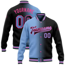 Laden Sie das Bild in den Galerie-Viewer, Custom Black Light Blue-Pink Bomber Full-Snap Varsity Letterman Gradient Fashion Jacket
