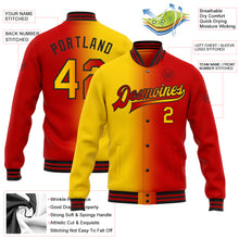 Laden Sie das Bild in den Galerie-Viewer, Custom Red Yellow-Black Bomber Full-Snap Varsity Letterman Gradient Fashion Jacket
