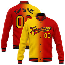 Laden Sie das Bild in den Galerie-Viewer, Custom Red Yellow-Black Bomber Full-Snap Varsity Letterman Gradient Fashion Jacket
