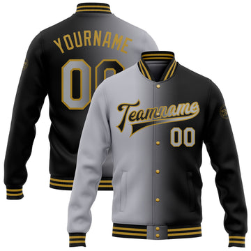 Custom Black Gray-Old Gold Bomber Full-Snap Varsity Letterman Gradient Fashion Jacket