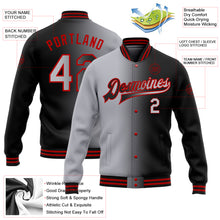 Laden Sie das Bild in den Galerie-Viewer, Custom Black Gray-Red Bomber Full-Snap Varsity Letterman Gradient Fashion Jacket
