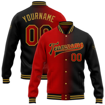 Custom Black Red-Old Gold Bomber Full-Snap Varsity Letterman Gradient Fashion Jacket