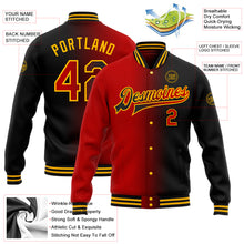 Laden Sie das Bild in den Galerie-Viewer, Custom Black Red-Gold Bomber Full-Snap Varsity Letterman Gradient Fashion Jacket
