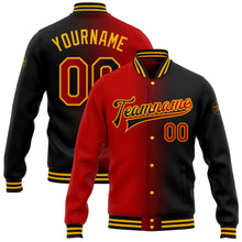 Laden Sie das Bild in den Galerie-Viewer, Custom Black Red-Gold Bomber Full-Snap Varsity Letterman Gradient Fashion Jacket
