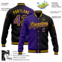 Laden Sie das Bild in den Galerie-Viewer, Custom Black Purple-Gold Bomber Full-Snap Varsity Letterman Gradient Fashion Jacket
