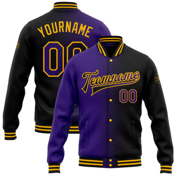 Custom Black Purple-Gold Bomber Full-Snap Varsity Letterman Gradient Fashion Jacket