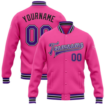 Custom Pink Purple-Black Bomber Full-Snap Varsity Letterman Jacket