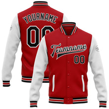 Laden Sie das Bild in den Galerie-Viewer, Custom Red Black-White Bomber Full-Snap Varsity Letterman Two Tone Jacket
