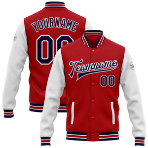 Custom Red Navy-White Bomber Full-Snap Varsity Letterman Two Tone Jacket