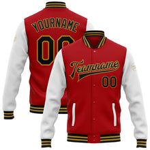 Laden Sie das Bild in den Galerie-Viewer, Custom Red Black-Old Gold Bomber Full-Snap Varsity Letterman Two Tone Jacket
