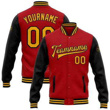 Custom Red Gold-Black Bomber Full-Snap Varsity Letterman Two Tone Jacket