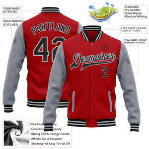 Custom Red Black-Gray Bomber Full-Snap Varsity Letterman Two Tone Jacket