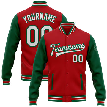 Custom Red White-Kelly Green Bomber Full-Snap Varsity Letterman Two Tone Jacket