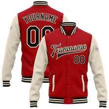 Laden Sie das Bild in den Galerie-Viewer, Custom Red Black-Cream Bomber Full-Snap Varsity Letterman Two Tone Jacket

