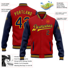 Load image into Gallery viewer, Custom Red Navy-Gold Bomber Full-Snap Varsity Letterman Two Tone Jacket
