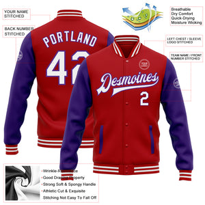 Custom Red White-Purple Bomber Full-Snap Varsity Letterman Two Tone Jacket