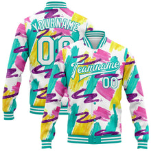 Charger l&#39;image dans la galerie, Custom Graffiti Pattern White-Aqua Abstract Watercolor 3D Bomber Full-Snap Varsity Letterman Jacket
