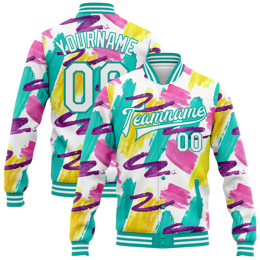 Custom Graffiti Pattern White-Aqua Abstract Watercolor 3D Bomber Full-Snap Varsity Letterman Jacket