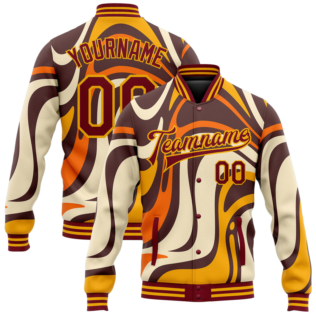 Custom Graffiti Pattern Crimson-Gold Groovy Psychedelic 3D Bomber Full-Snap Varsity Letterman Jacket