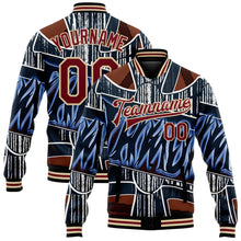 Загрузить изображение в средство просмотра галереи, Custom Graffiti Pattern Crimson-City Cream Chrome Heart 3D Bomber Full-Snap Varsity Letterman Jacket
