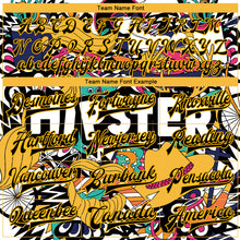 Laden Sie das Bild in den Galerie-Viewer, Custom Graffiti Pattern Black-Gold Hipster Lifestyle 3D Bomber Full-Snap Varsity Letterman Jacket
