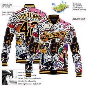 Custom Graffiti Pattern Black-Gold Vintage College Colorful Art 3D Bomber Full-Snap Varsity Letterman Jacket