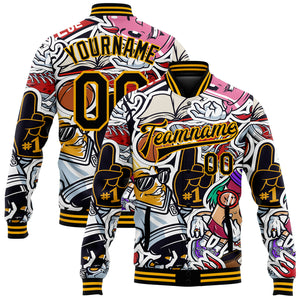 Custom Graffiti Pattern Black-Gold Vintage College Colorful Art 3D Bomber Full-Snap Varsity Letterman Jacket