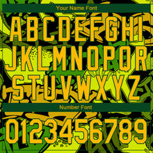 Загрузить изображение в средство просмотра галереи, Custom Graffiti Pattern Gold-Green Grunge Art With Dinosaur And Words 3D Bomber Full-Snap Varsity Letterman Jacket
