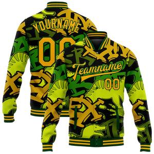 Custom Graffiti Pattern Gold-Green Grunge Art With Dinosaur And Words 3D Bomber Full-Snap Varsity Letterman Jacket