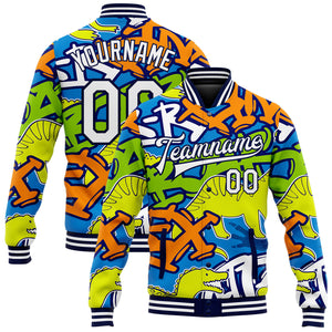 Custom Graffiti Pattern White-Navy Grunge Art With Dinosaur And Words 3D Bomber Full-Snap Varsity Letterman Jacket