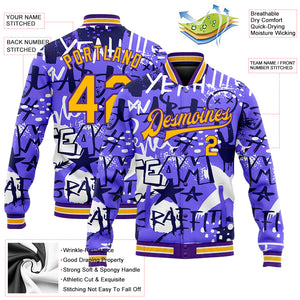 Custom Graffiti Pattern Gold-Purple Grunge Street Art 3D Bomber Full-Snap Varsity Letterman Jacket