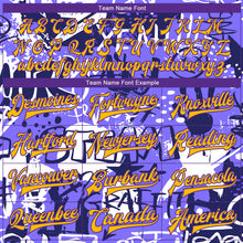 Laden Sie das Bild in den Galerie-Viewer, Custom Graffiti Pattern Gold-Purple Grunge Street Art 3D Bomber Full-Snap Varsity Letterman Jacket
