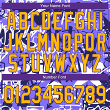 Laden Sie das Bild in den Galerie-Viewer, Custom Graffiti Pattern Gold-Purple Grunge Street Art 3D Bomber Full-Snap Varsity Letterman Jacket
