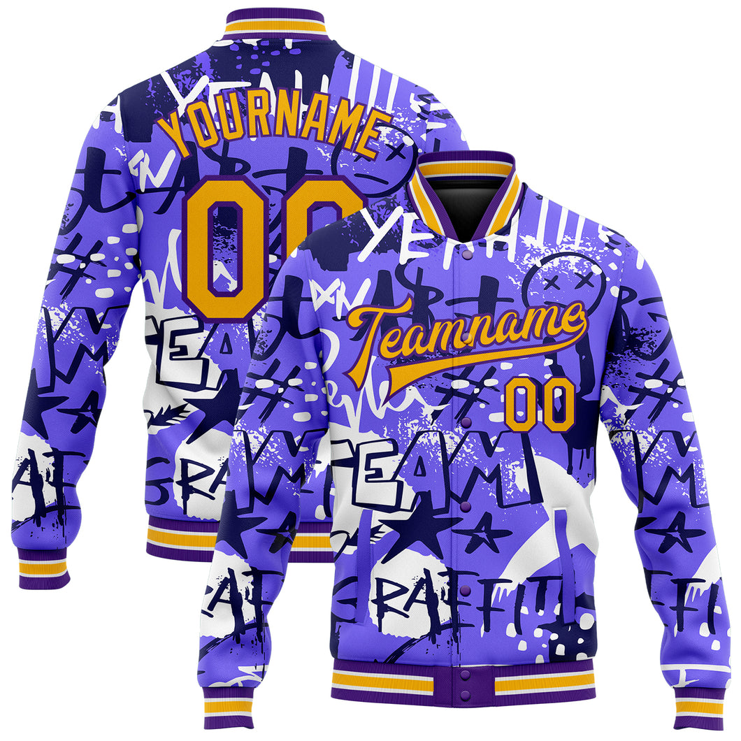 Custom Graffiti Pattern Gold-Purple Grunge Street Art 3D Bomber Full-Snap Varsity Letterman Jacket