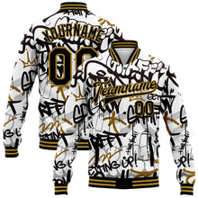 Charger l&#39;image dans la galerie, Custom Graffiti Pattern Black-Old Gold Grunge Urban Street Art 3D Bomber Full-Snap Varsity Letterman Jacket
