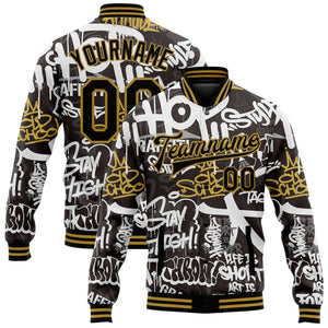 Custom Graffiti Pattern Black-Old Gold Grunge Urban Street And Old School Art 3D Bomber Full-Snap Varsity Letterman Jacket