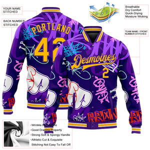 Custom Graffiti Pattern Gold-Purple Hiphop Urban Street Art 3D Bomber Full-Snap Varsity Letterman Jacket