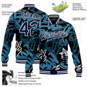 Custom Graffiti Pattern Navy-White Grunge Urban Street Art 3D Bomber Full-Snap Varsity Letterman Jacket