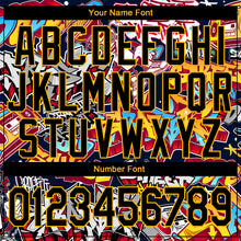 Laden Sie das Bild in den Galerie-Viewer, Custom Graffiti Pattern Black-Gold Grunge Urban Street Art 3D Bomber Full-Snap Varsity Letterman Jacket
