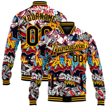 Custom Graffiti Pattern Black-Gold Grunge Urban Street Art 3D Bomber Full-Snap Varsity Letterman Jacket