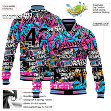 Laden Sie das Bild in den Galerie-Viewer, Custom Graffiti Pattern Black Pink Grunge Urban Street Art 3D Bomber Full-Snap Varsity Letterman Jacket
