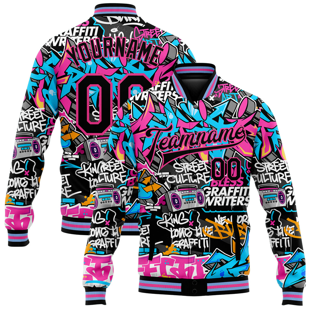 Custom Graffiti Pattern Black Pink Grunge Urban Street Art 3D Bomber Full-Snap Varsity Letterman Jacket