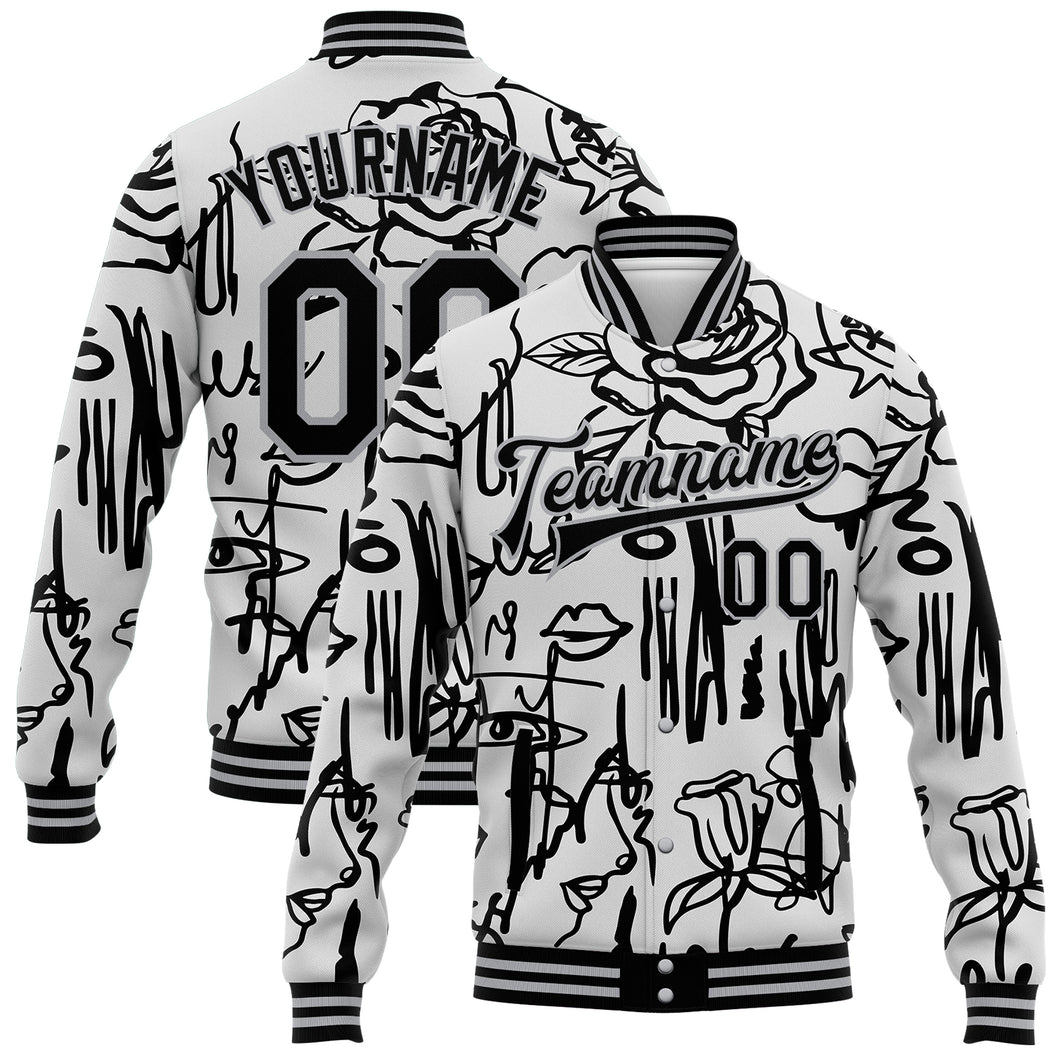 Custom Graffiti Pattern Black-Gray Grunge Art With Female Faces Lips 3D Bomber Full-Snap Varsity Letterman Jacket