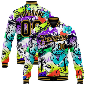 Custom Graffiti Pattern Black-Old Gold Grunge Urban Street Art 3D Bomber Full-Snap Varsity Letterman Jacket