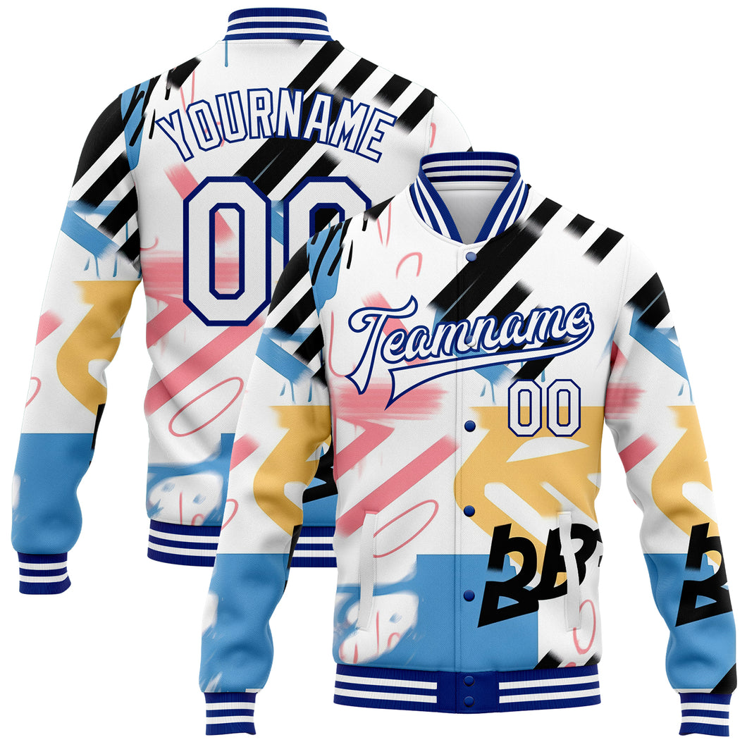 Custom Graffiti Pattern White-Royal Grunge Art 3D Bomber Full-Snap Varsity Letterman Jacket